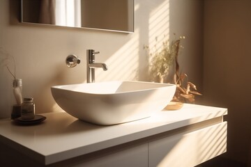 sunlight bathroom house luxury design counter modern faucet sink interior new. Generative AI.