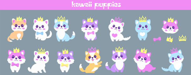 Set cute colorful kawaii kittens wearing crowns on pink background in flat vector style.