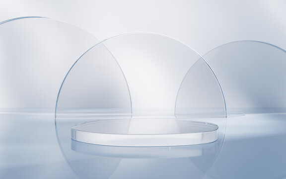 Fototapeta Transparent glass stage background, 3d rendering.