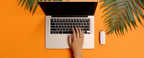 business laptop financial leaf background orange computer palm keyboard office hand. Generative AI.