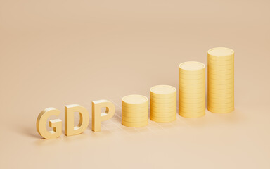 Growth of GDP with golden coins, 3d rendering.