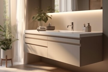 Naklejka na ściany i meble interior background sunlight closeup design faucet counter house sink modern luxury bathroom. Generative AI.