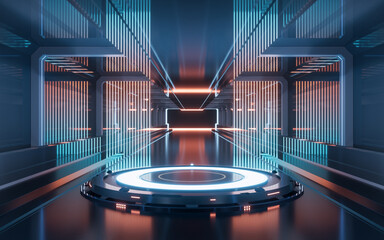 Empty stage in the dark technology tunnel, 3d rendering.