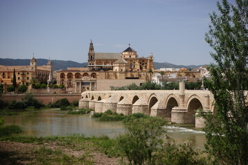 Naklejka premium Bridge in Cordoba Spain to the historic center and the Mezquita Mosque-Cathedral