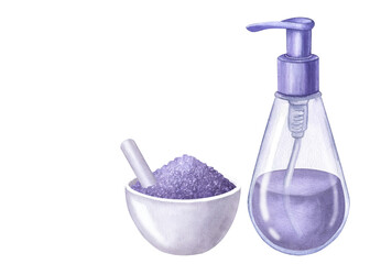 White mortar with lavender sea salt. Bowl and pestle. Purple dispenser bottle plastic glass cosmetic. Hand draw watercolor illustration isolated on white background. Aromatherapy, spa, bath