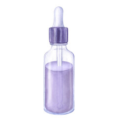 Purple pipette bottle plastic glass cosmetic. Lavender oil, lotion. Hand draw watercolor illustration isolated on white background. For beauty industry, spa, cosmetology