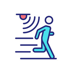 Motion detection pixel perfect RGB color icon. Movement monitoring. Alert from crossing. Internet of Things. Isolated vector illustration. Simple filled line drawing. Editable stroke. Arial font used
