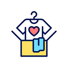 Clothes donation pixel perfect RGB color icon. Donating unwanted old clothing. Give away goods for free. Isolated vector illustration. Simple filled line drawing. Editable stroke. Arial font used