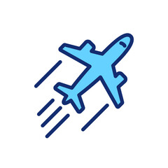 Fototapeta premium Plane pixel perfect RGB color icon. Commercial flight. Jet engine. Landing and departure. Isolated vector illustration. Simple filled line drawing. Editable stroke. Arial font used