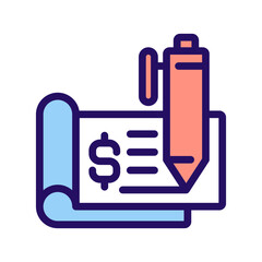 Chequebook pixel perfect RGB color icon. Cheque leaf. Financial document. Negotiable instrument. Isolated vector illustration. Simple filled line drawing. Editable stroke. Arial font used