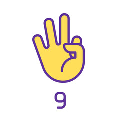 Obraz premium Signing digit nine in ASL pixel perfect RGB color icon. Non verbal language system. Communication. Isolated vector illustration. Simple filled line drawing. Editable stroke. Arial font used