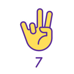 Digit seven sign in ASL pixel perfect RGB color icon. Number visual modality. Communication way. Isolated vector illustration. Simple filled line drawing. Editable stroke. Arial font used