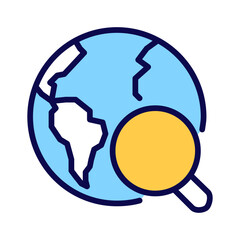 Global search pixel perfect RGB color icon. Exploring Earth. Find information. World research. Data analysis. Isolated vector illustration. Simple filled line drawing. Editable stroke. Arial font used