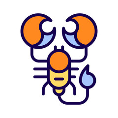 Scorpion pixel perfect RGB color icon. Scorpio zodiac animal. Horoscope sign of western astrology. Isolated vector illustration. Simple filled line drawing. Editable stroke. Arial font used
