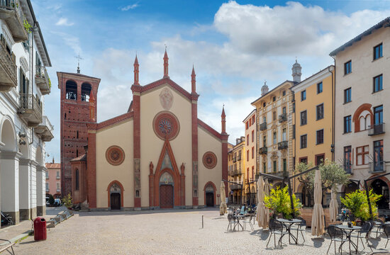 Pinerolo, Turin, Piedmont, Italy - April 29, 2023: San Donato Cathedral (10th - 15th cent.) in San Donato square