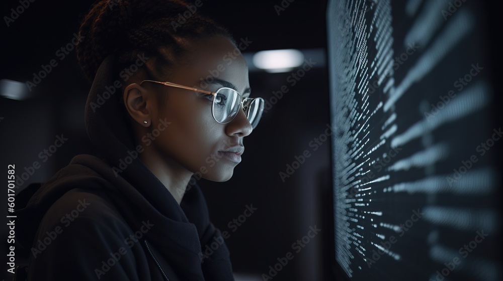 Wall mural african american man programmer looking at lines of code on a screen. generative ai