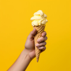 Hands picking up an ice cream on a yellow background. Generative AI.