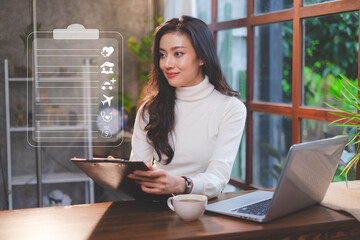 Fototapeta premium Attractive insurance agent is selling online insurance to customer. Concept of customer service negotiation, insurance adjuster, sales, premium insurance and coverage. Health, life, property, business