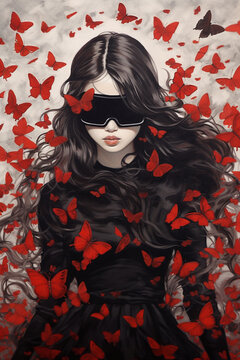 Long black haired young woman with her eyes covered with a blindfold, surrounded by red butterflies - ai generative