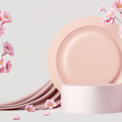 Fototapeta na wymiar 3D, présentoir podium rose. Composition florale de fleur rose de cerisier sur tissu de soie pastel, beige. Piédestal pour produit cosmétique ou de beauté. Naturel, élégant, féminin