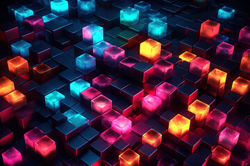 Abstract 3d background, Neon cubes, Generative ai - obrazy, fototapety, plakaty