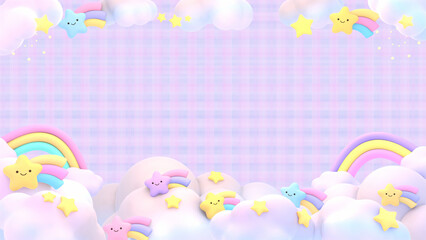 3d rendered kawaii stars, rainbows, and clouds frame on a purple plaid background.