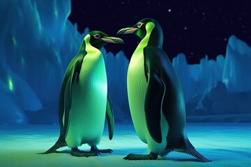 penguins stand on melting ice in Arctic Ocean at polar lights, global warming concept, world global planet climate change. Two cute emperor penguins confused by ice melting. Generative AI