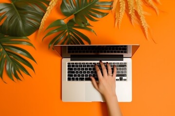 office computer above keyboard palm orange laptop background leaf hand business. Generative AI.