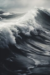 A photo captures a stormy seascape, with the agitated waves of the ocean demonstrating nature's raw power. Amid the foam and spray, this image portrays a dramatic maritime phenomenon. Generative AI.
