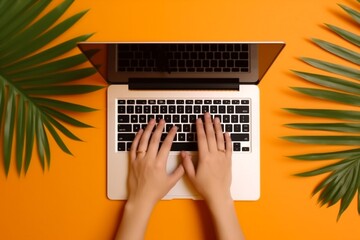 white office business orange palm computer laptop leaf background hand keyboard. Generative AI.