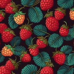 Background, wallpaper raspberries with green leaves.