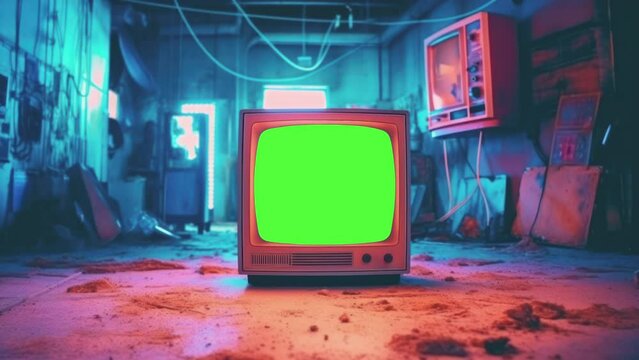 Retro tube tv, 90s television with a glitches, noise, interferenc, green screen in a mystery cyberpunk room. 