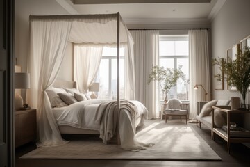 Obraz premium Exquisite Bedroom Featuring Natural Light, Upscale Furniture, and Elegant Design Accents..