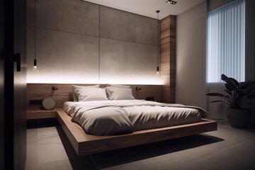 Modern 3D Rendered Bedroom Oasis, Illuminated by Natural Light, Boasting Luxurious Comfort and Style..