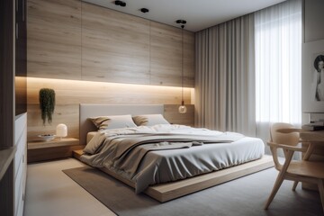 Fototapeta na wymiar Modern 3D Rendered Bedroom Oasis, Illuminated by Natural Light, Boasting Luxurious Comfort and Style..