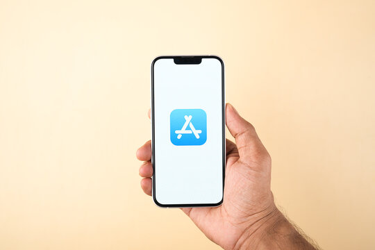 Assam, india - March 30, 2021 : Apple app store logo on phone screen stock image.