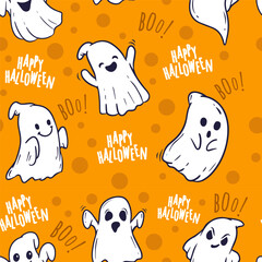 halloween seamless pattern with ghosts. Orange background for halloween. Pattern for the design of wrapping paper, banners, postcards. Vector illustration