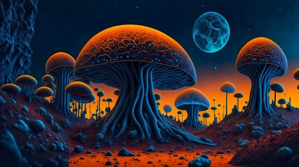 surreal alien landscape of a microscopic fungi, Generative AI