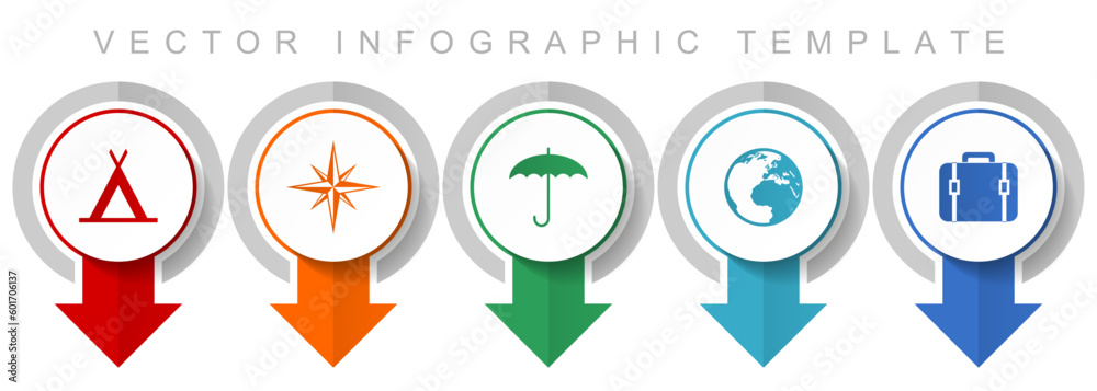 Poster adventure icon set, miscellaneous pointer icons such as tent, navigation, umbrella, globe and case f
