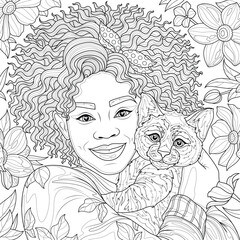 Girl with a cat in her arms among the flowers.Coloring book antistress for adults. Illustration isolated on white background.Zen-tangle style. Hand draw