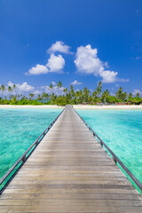 Amazing travel landscape concept. Beautiful best tropical Maldives island and wooden pier pathway....