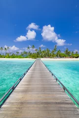 Zelfklevend Fotobehang Amazing travel landscape concept. Beautiful best tropical Maldives island and wooden pier pathway. Sunny beach sea bay coconut palm trees on blue sky for nature holiday vacation background concept © icemanphotos