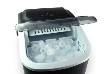 a lot of clean ice are made by black modern design ice maker during summer on the white table with...