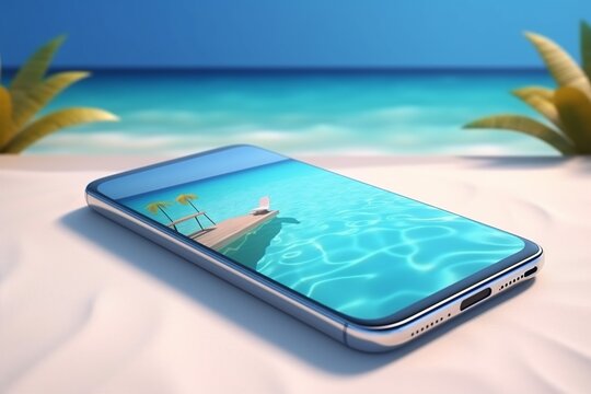 mock holiday up palm summer sand sea phone creative concept cyber. Generative AI.