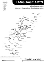 English learning. Astronaut. Alphabetical order. Connect the words in alphabetical order and find drawing. Language arts. Coloring Worksheet at school, home. Sketch vector illustration
