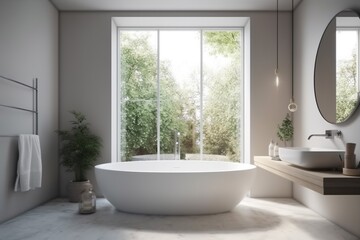 home room tub indoor window wall design white apartment house interior. Generative AI.