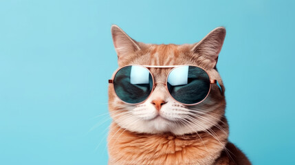 Closeup portrait of funny ginger cat wearing sunglasses on light blue. Generative ai