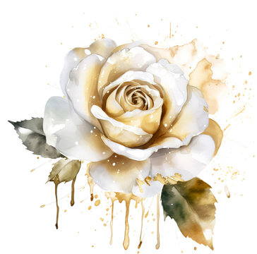 A painting of a white rose with gold leaves and a white rose with Generative AI