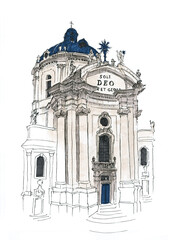 Ancient architecture. Facade of the house. Architectural sights. Church. Temple. City buildings. Urban architecture. Old designs. Chapels and towers. Historical building