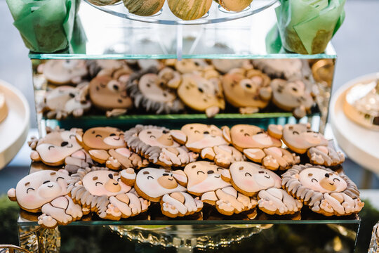 Cookies for children. Delicious wedding reception. Birthday candy bar for kids on background luxury decor. Celebration concept. Table with sweets, candies, dessert for party. Catering in restaurant.